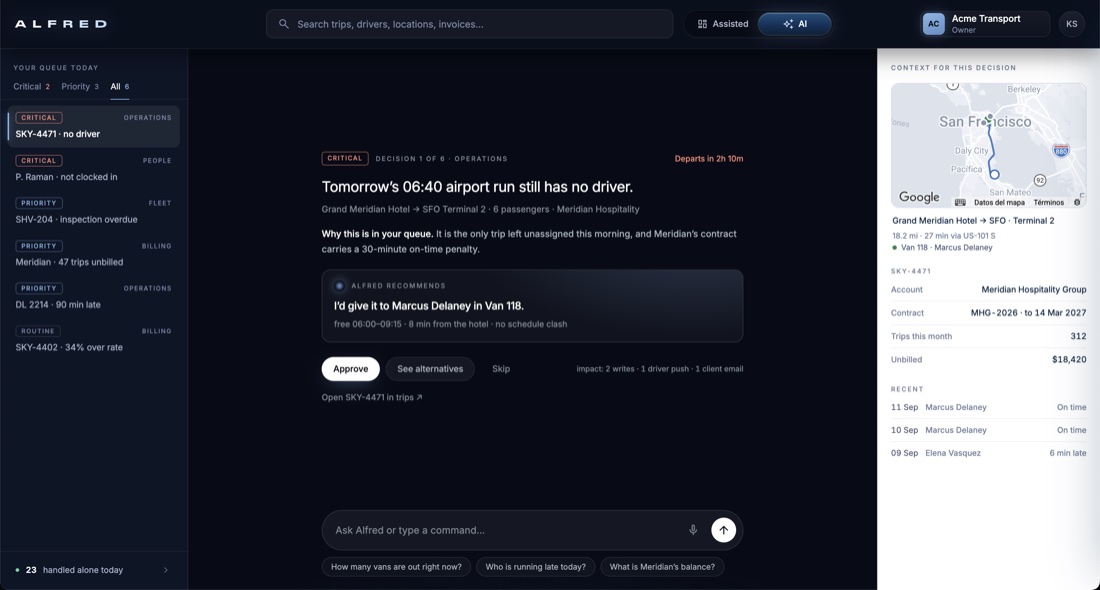 Alfred AI mode showing a queue of decisions and a recommendation