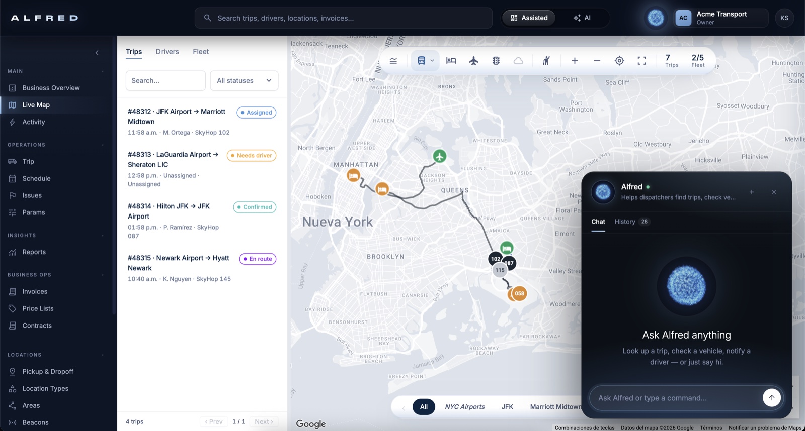 Alfred live map with the day’s trips, vehicles and the Alfred panel open